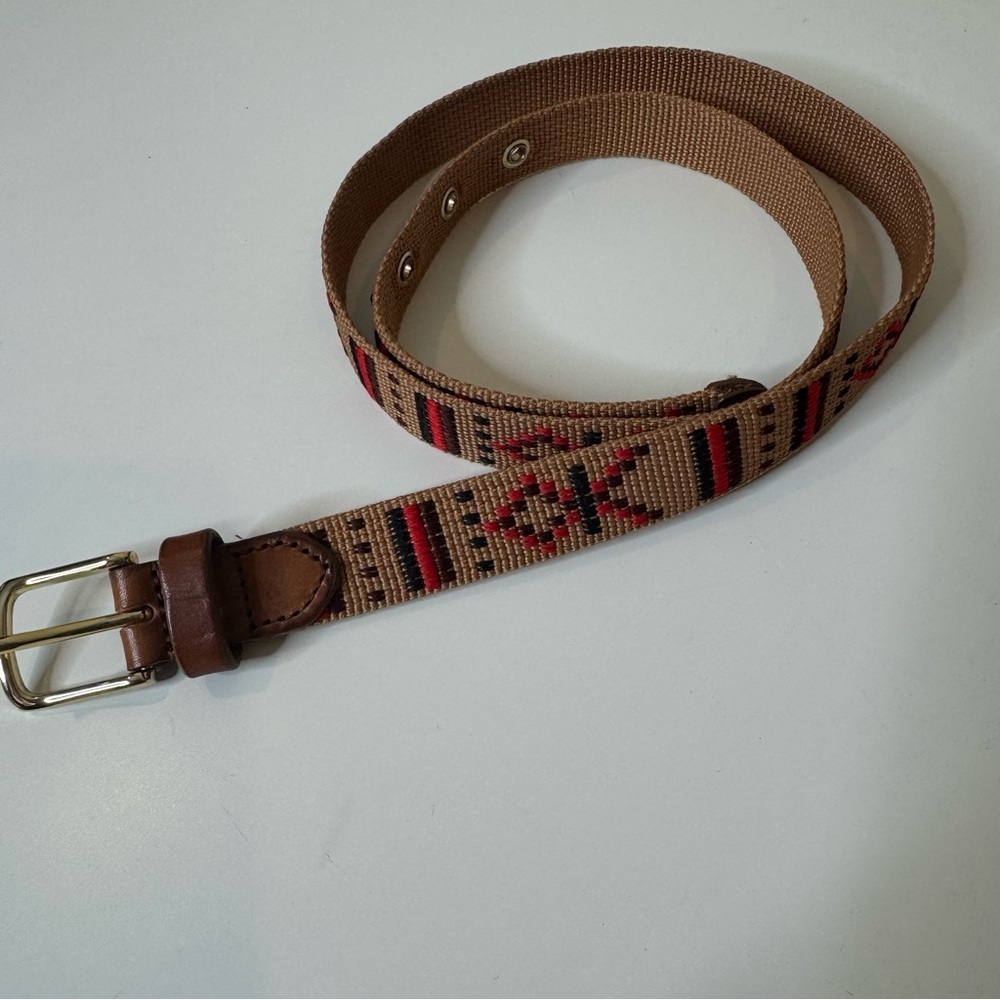 J CREW woven tapestry leather belt, Tan, Black, Red Southwestern Style size XS